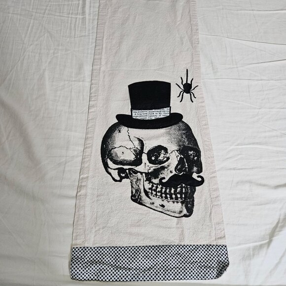 Skeleton Skull Table Runner Beige Black Top Hat Mustache Spider Gothic 67"x13" - Picture 2 of 11